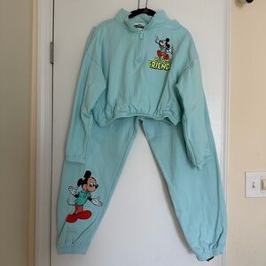 Disney Mickey Mouse Blue Green Seafoam Fleece Cropped sweatshirt & joggers set